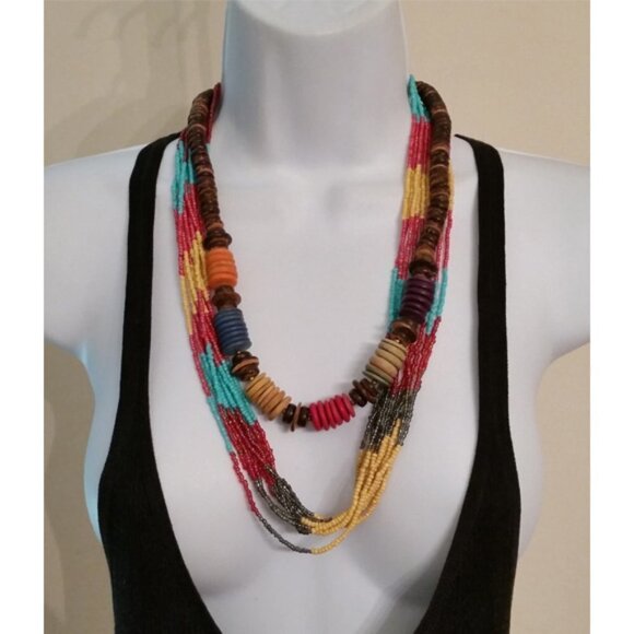𝅺Curated bundle boho style colorful vibrant seed bead and wooden necklace - Picture 1 of 4